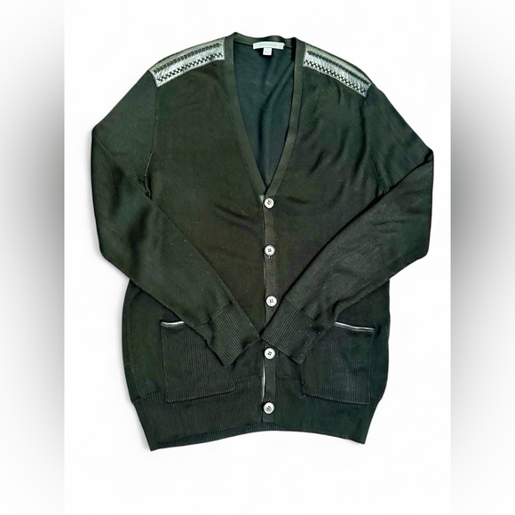 John Varvatos Men's Black Silk V-Neck Knit Cardigan with Leather Trim - Picture 8 of 10